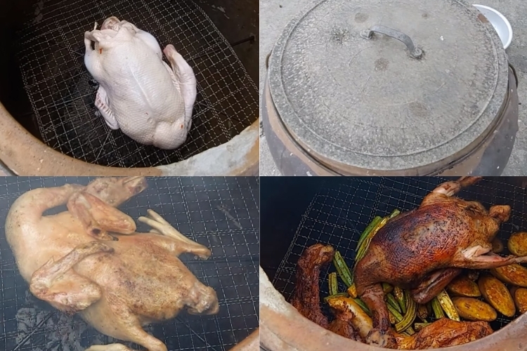Bỏ vịt vào lu để nướng