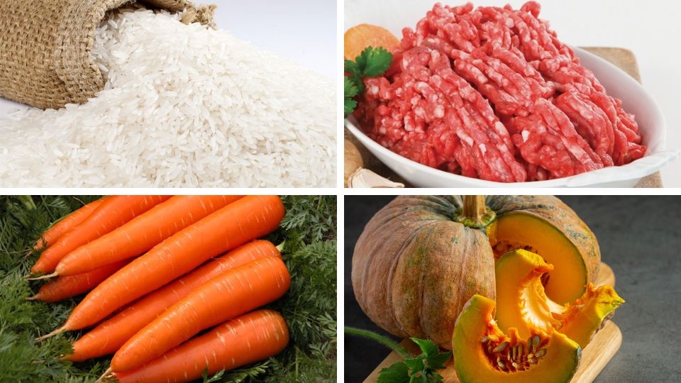 Nguyên liệu làm món cháo thịt heo, bí đỏ và cà rốt