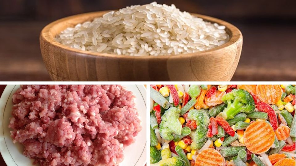 Nguyên liệu làm món cháo thịt heo và rau củ