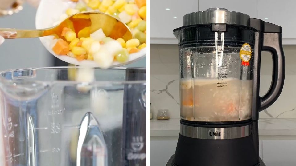 Cho nguyên liệu vào máy làm sữa hạt và nấu cháo