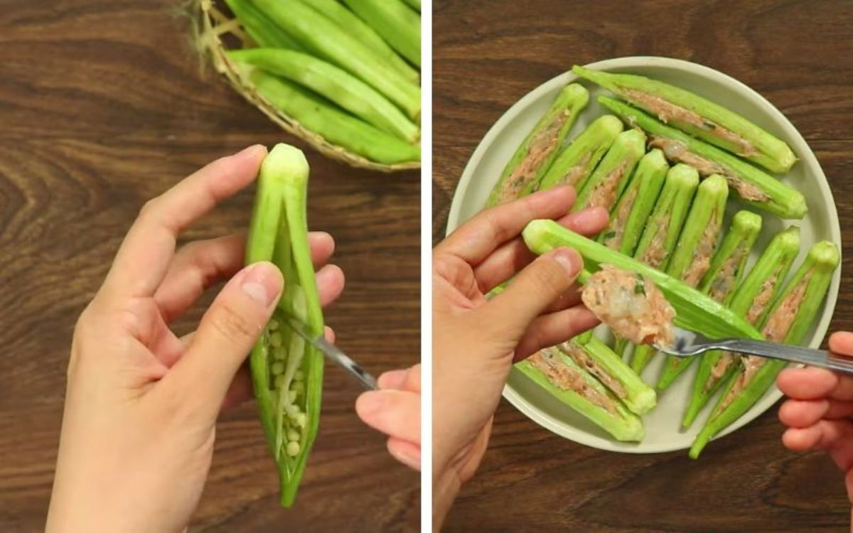 Bước 2: Nhồi nhân thịt vào đậu bắp