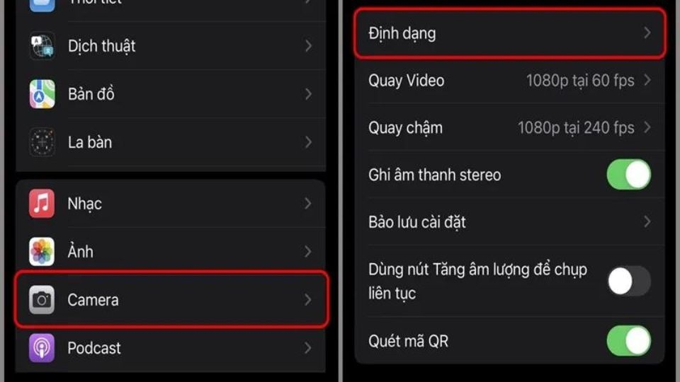 Bạn vào mục “Cài đặt”, sau đó chọn tiếp “Camera” và đến mục “Định dạng”.