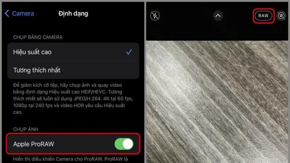 Ở trong mục Định dạng bạn tiến hành bật tính năng “Apple ProRAW”