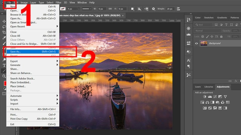 Sau khi ảnh đã được mở, bạn chọn tiếp vào mục “File”, sau đó chọn “Save As”.