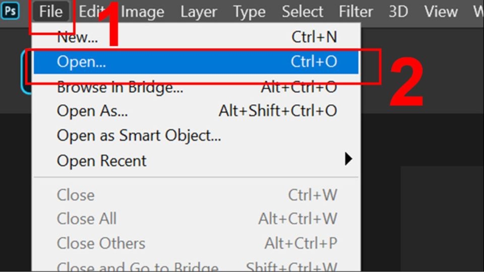 Mở phần mềm PS, sau đó bên góc trái của màn hình bạn chọn vào “File”