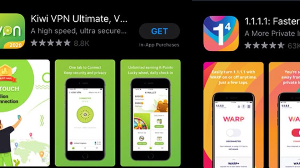 tải xuống một trong hai ứng dụng này là 1.1.1.1 hoặc app Kiwi VPN