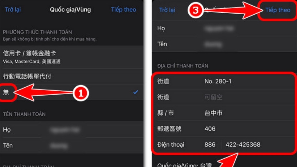 Tại phần quốc gia/vùng, thiết lập thông tin thanh toán.