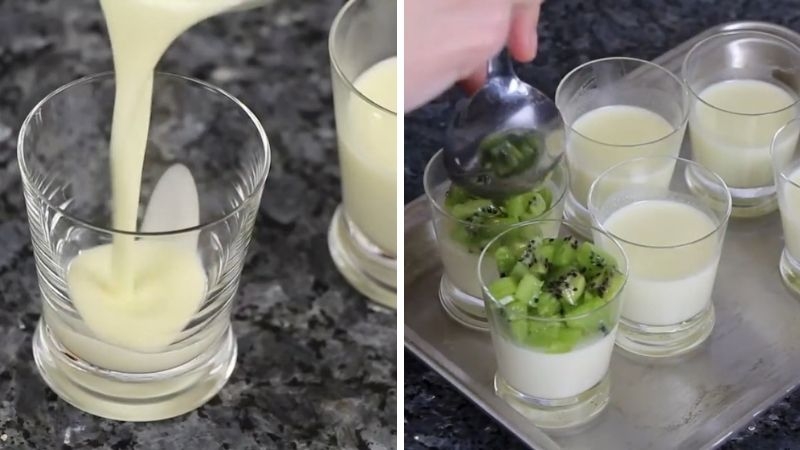 Đổ kem béo vào khuôn và tưới sốt kiwi lên