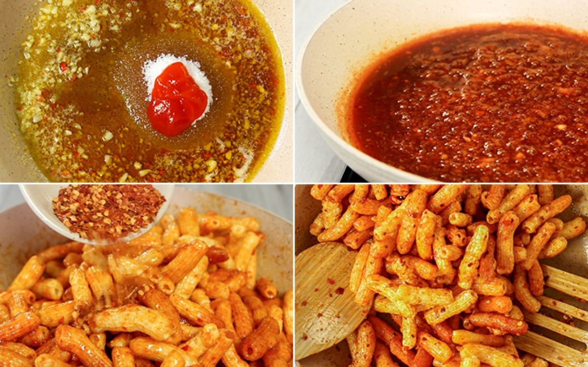 Bước 4: Tiến hành chiên nui với nước sốt