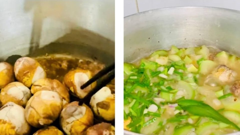 Nêm nếm gia vị cho vừa ăn rồi cho hành lá, rau răm vào trước khi tắt bếp
