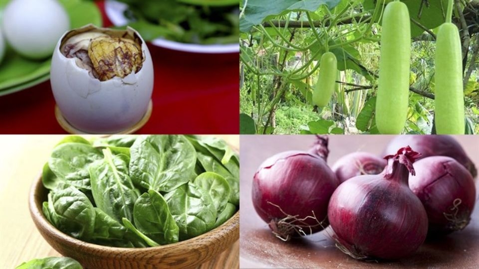 Chuẩn bị nguyên liệu trứng lộn, bầu, mồng tơi