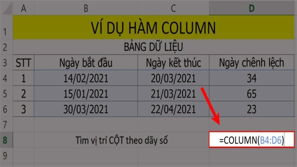  Nhập cú pháp =COLUMN(B4:D6) vào ô tính tham chiếu