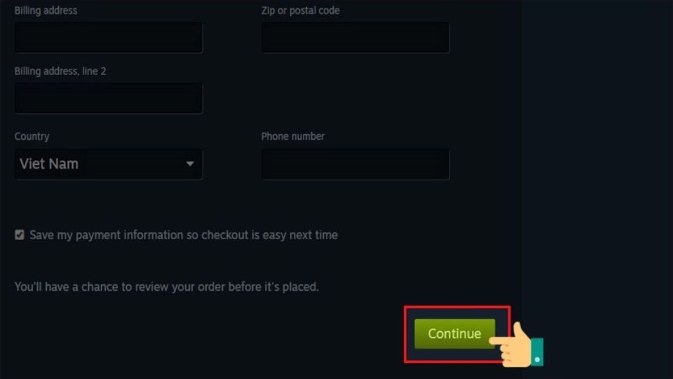 Nhấn vào ô “Continue” để hoàn tất việc thanh toán và chờ game tải về