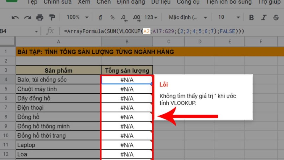Lỗi “ #NA” do bạn đang nhập nhầm đối tượng dò tìm từ “a4 thành a2”.