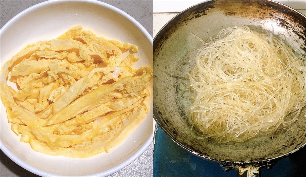 Cách chiên trứng và xào miến