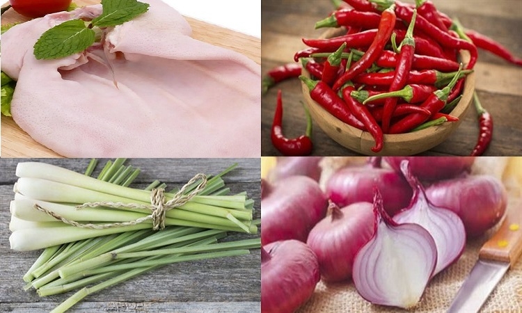 Nguyên liệu chuẩn bị làm tai heo xào sả ớt