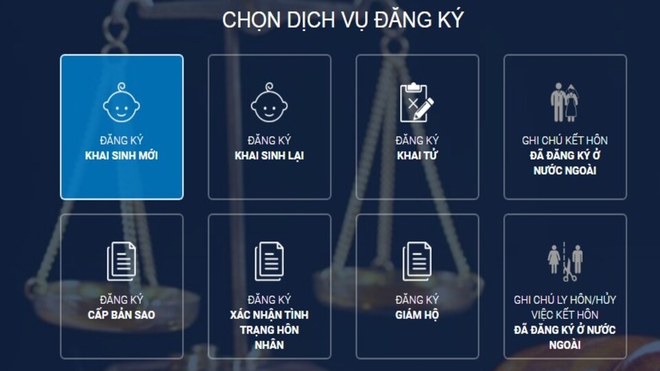 Giao diện chính khi làm giấy khai sinh online