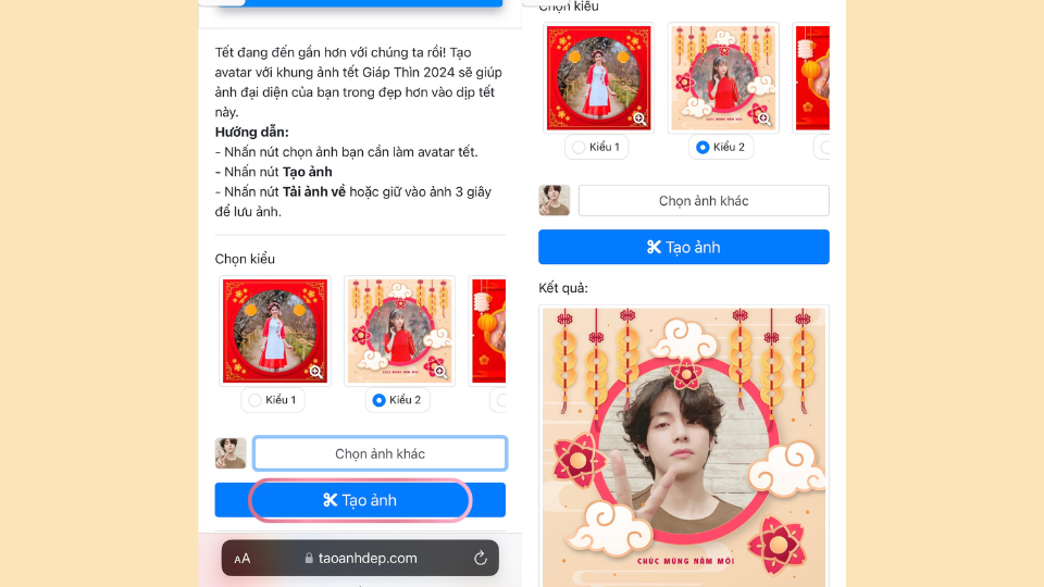 Cách tạo khung ảnh avatar facebook Tết Giáp Thìn 2024 với Tạo ảnh đẹp bước 5