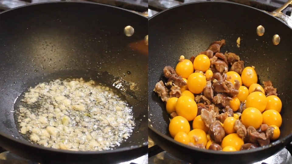 Xào trứng non và lòng gà với tỏi phi