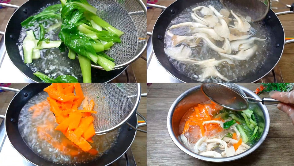 Chần rau củ và cho vào nước đá