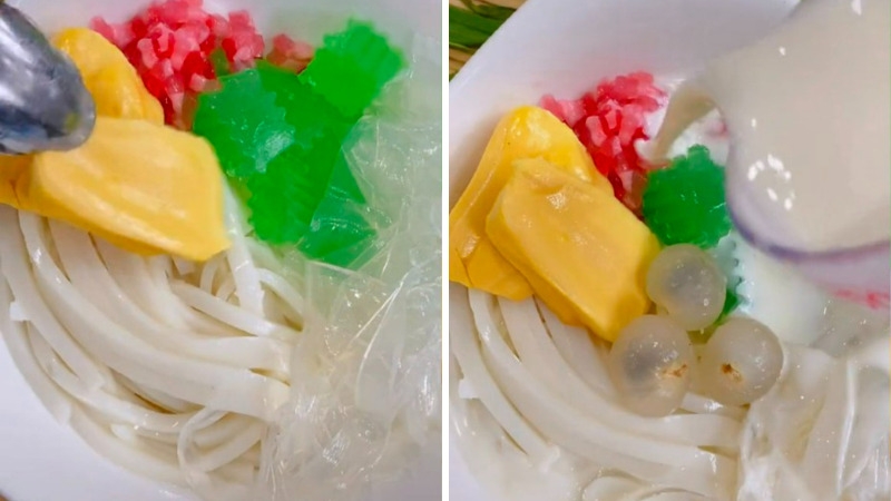 Thành phẩm món chè Thái sợi dai giòn thơm béo