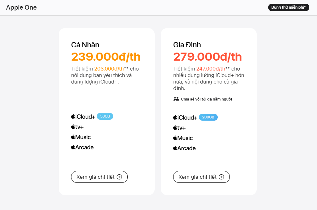 Mức giá và các gói cước Apple One