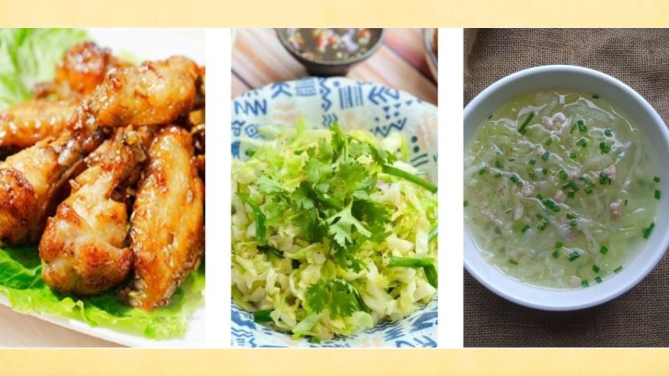 Gà chiên mắm, bắp cải xào cùng canh bắp cải thịt băm