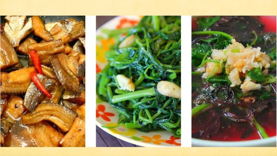 Khô cá lóc chiên giấm đường, rau muống xào tỏi, canh rau dền tôm khô