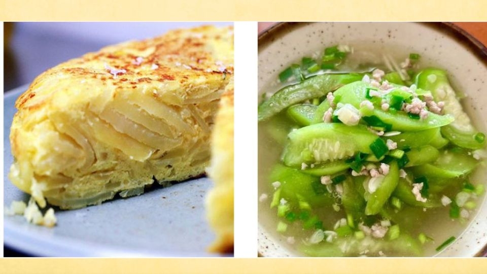 Trứng chiên hành tây, canh mướp nấu thịt băm