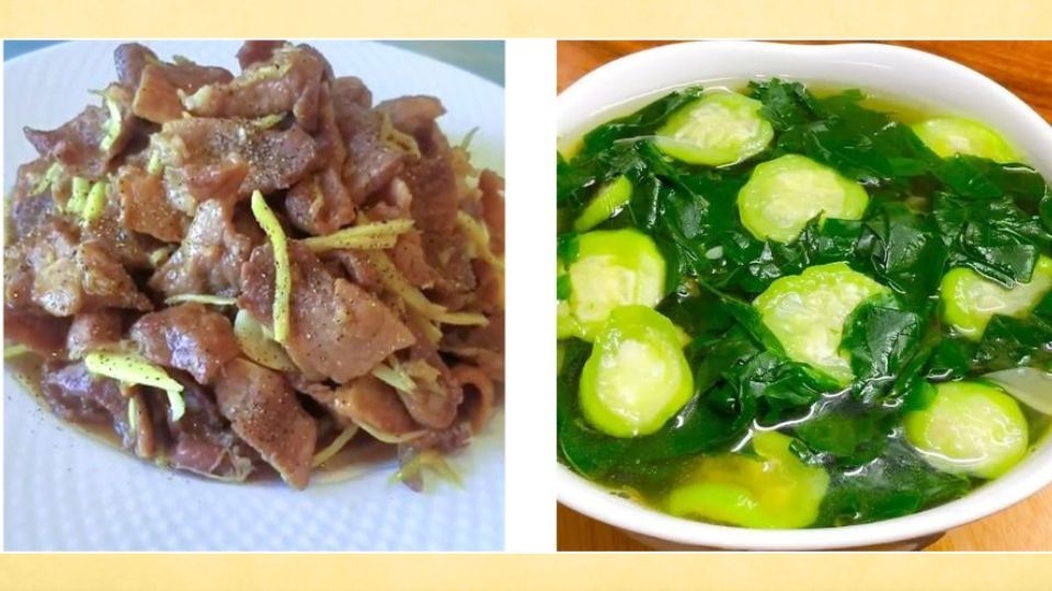 Thịt kho gừng, canh rau ngót nấu mướp