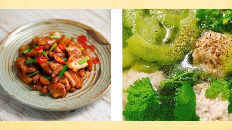 Thịt rang cháy cạnh, canh khổ qua thịt băm