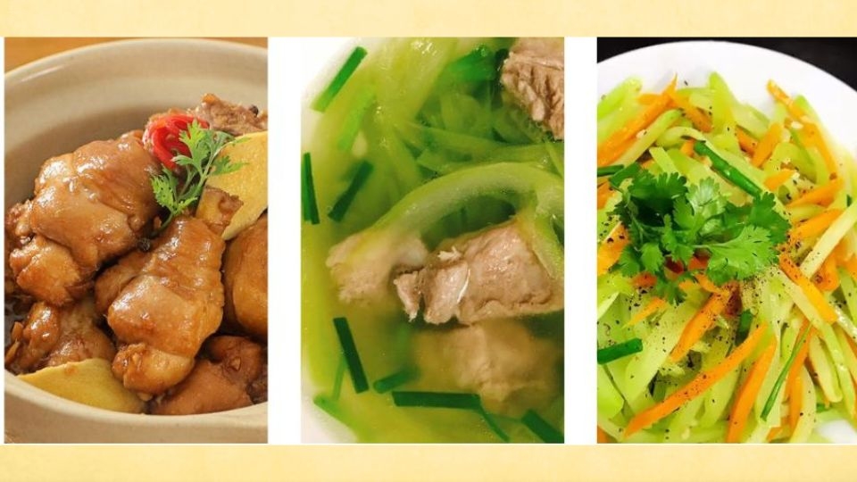 Gà kho gừng, canh bầu sườn heo, su su xào tỏi