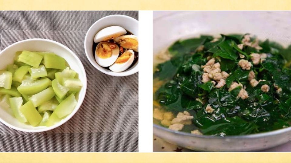 Bầu luộc chấm trứng, canh rau ngót thịt băm