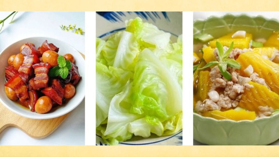 Thịt kho trứng cút, bắp cải luộc, canh bí đỏ thịt băm