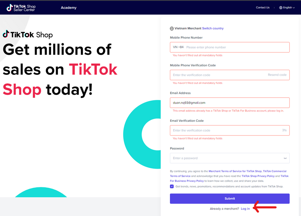 Thực hiện thao tác đăng ký