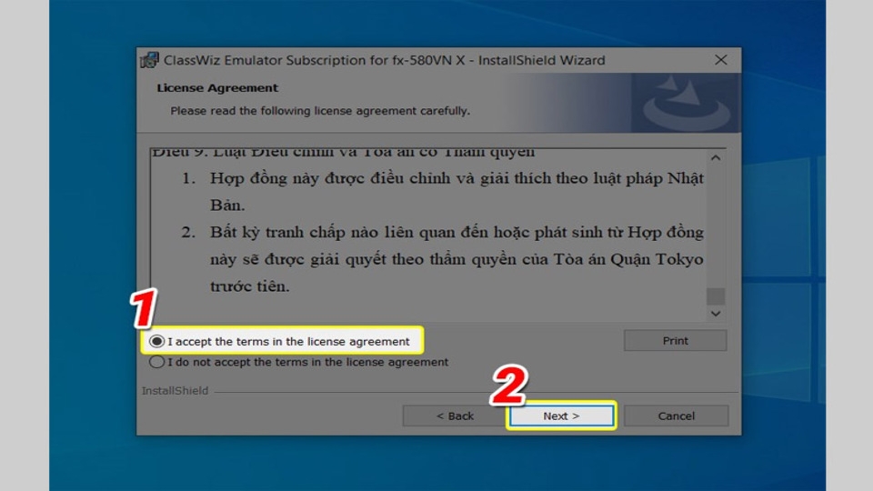 Tích vào ô I accept the terms in the license agreement và bấm Next