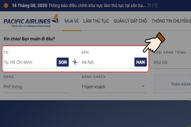 Tra cứu giá vé máy bay của Pacific Airlines