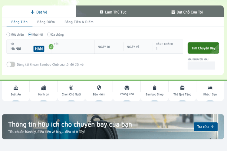 Giao diện tra cứu giá vé của Bamboo Airways