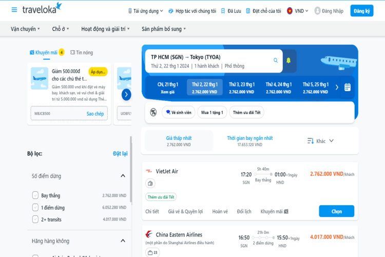 Tra cứu giá vé trên website của Traveloka