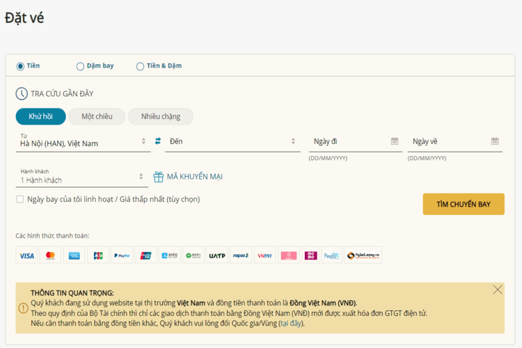 Giao diện tra cứu giá vé máy bay của Vietnam Airlines