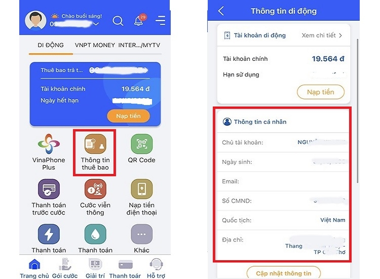 Chọn Thông tin thuê bao sẽ thấy được đầy đủ thông tin thuê bao
