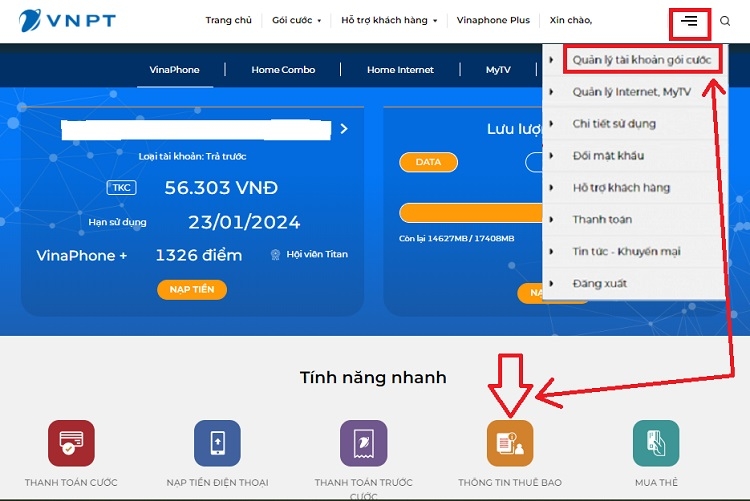 Chọn Thông tin thuê bao hoặc nhấn vào Quản lý tài khoản gói cước