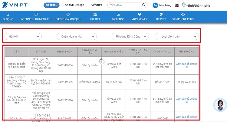 Tra cứu điểm giao dịch VinaPhone