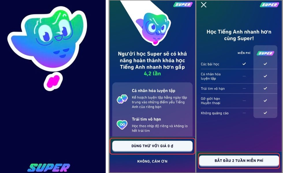 đăng ký super duolingo trên điện thoại