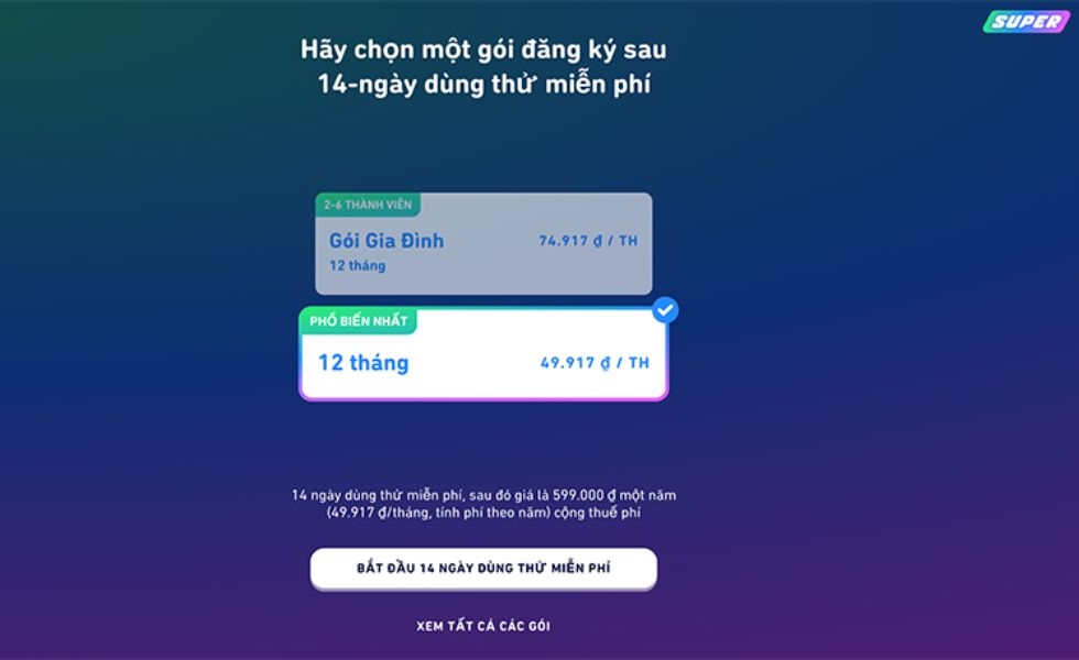 chọn gói đăng ký super