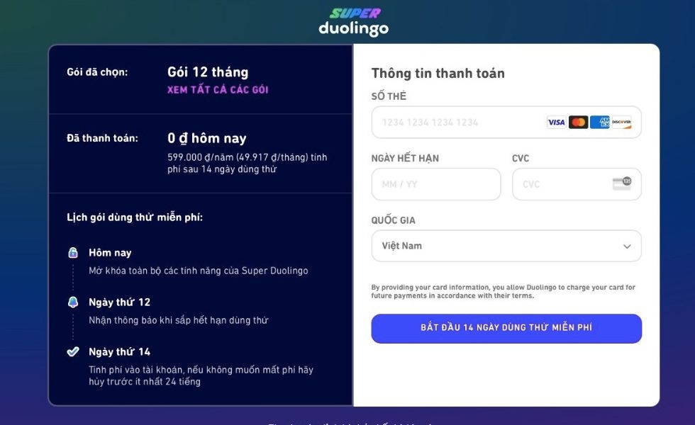 thanh toán gói super duolingo