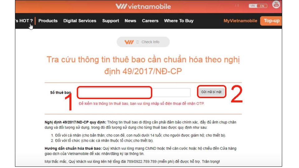 Đầu tiên bạn truy cập vào Website của nhà mạng Vietnamobile “Vietnamobile.com.vn