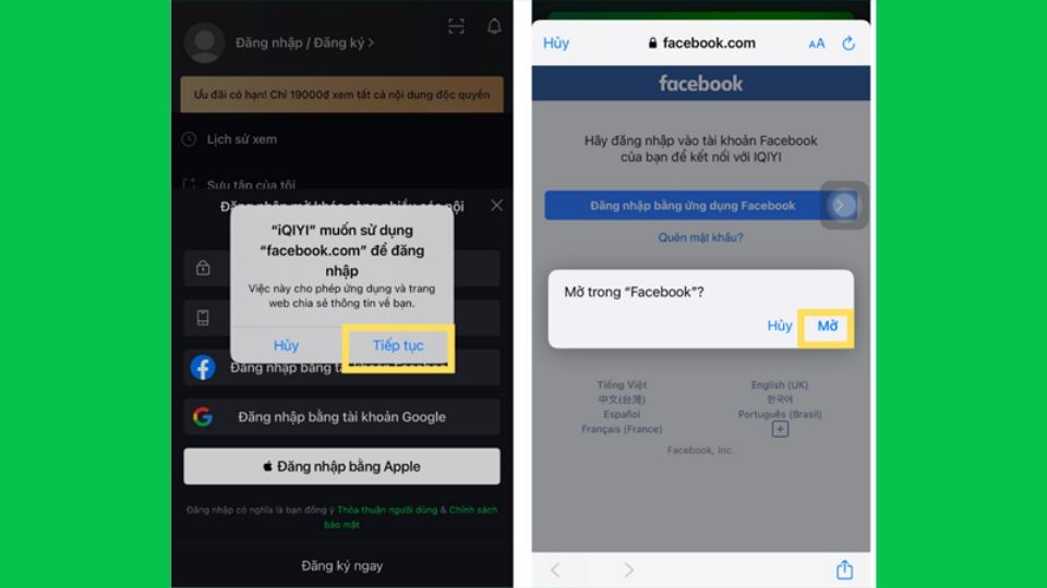 Nhấn nút “Tiếp tục”, sau đó chọn “Mở” trong Facebook