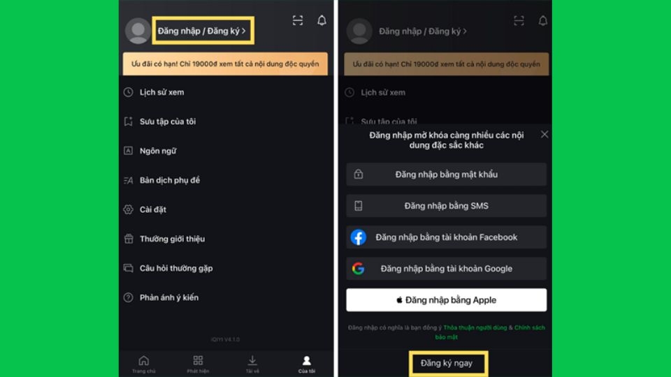 Chọn mục “Đăng nhập/Đăng ký”  loading=