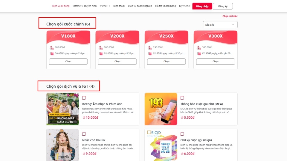 Bạn kéo trang web xuống để Chọn Gói cước chính phù hợp nhu cầu của mình